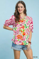 Umgee V-Neck Ruffle Trim Puff Sleeve Top