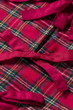 Plaid Tie Neck Ruffle Cuffs Long Sleeve Shift Blouse