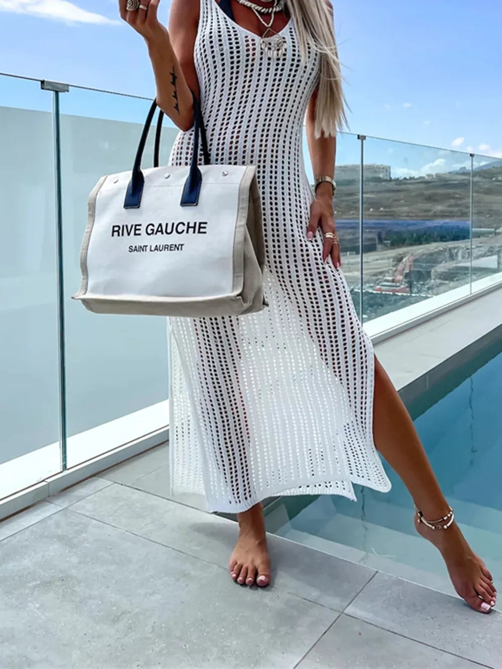 Openwork Slit Cutout Wide Strap Dress - Ladyez