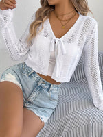 Openwork Tie Front Long Sleeve Cardigan
