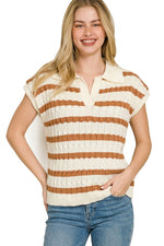 Zenana Textured Stripe Collared Sweater Vest