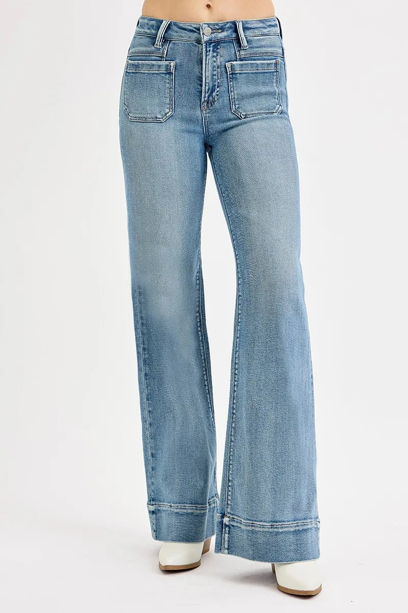 RISEN Full Size High Rise Wide Flare Patch Pocket Jeans Plus Size - Ladyez