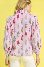 Umgee Floral Print Lantern Sleeve Button Down Shirt