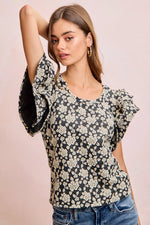 BiBi Floral Jacquard Ruffle Sleeves Knit Top