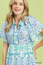 Umgee Mixed Floral Tiered Mini Dress with Flutter Sleeves