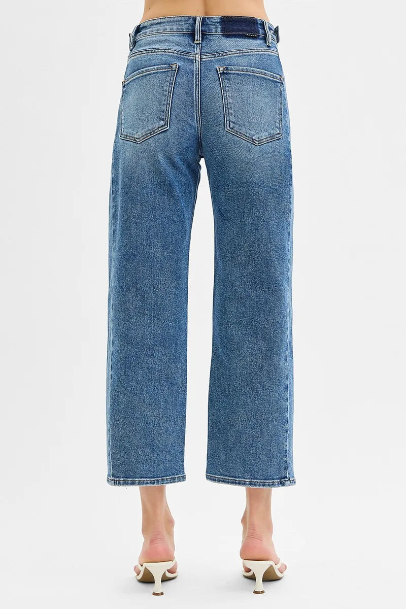 RISEN High Rise Crop Length Barrel Adjustable Waist Band Jeans - Ladyez