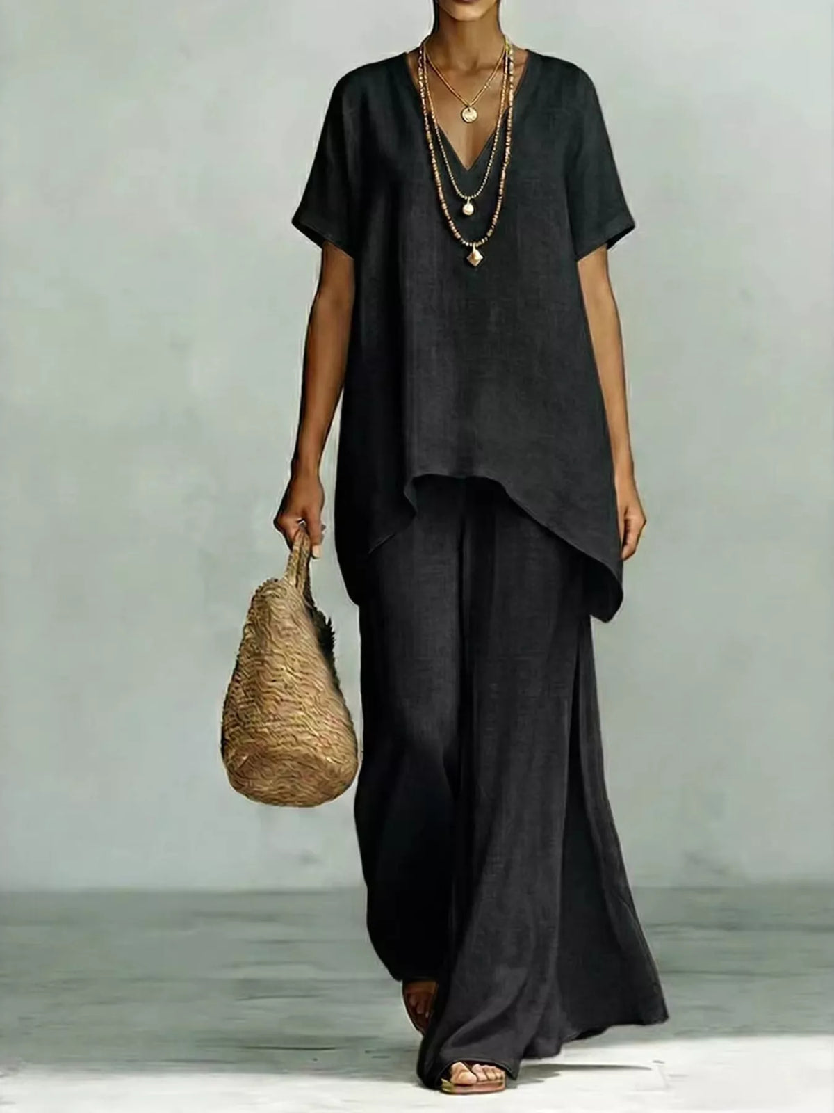 Full Size V-Neck Top and Wide-Leg Pants Set Plus Size