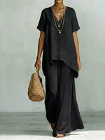 Full Size V-Neck Top and Wide-Leg Pants Set Plus Size