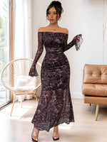 Off-Shoulder Long Sleeve Maxi Dress - Ladyez