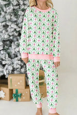Christmas Tree Print Contrast Striped Banding 2pcs Lounge Set