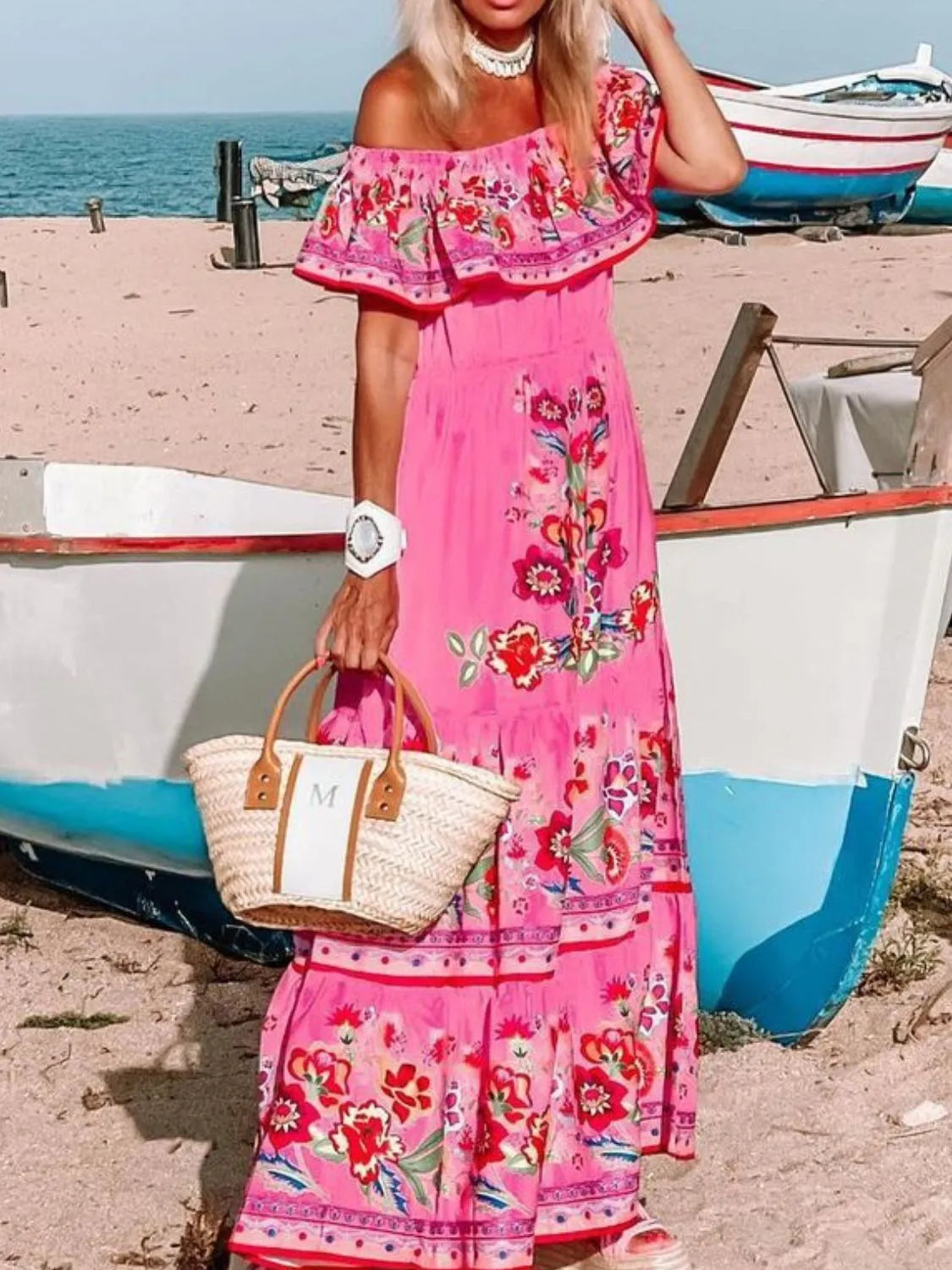 Floral Off Shoulder Ruffle Maxi Dress - Ladyez