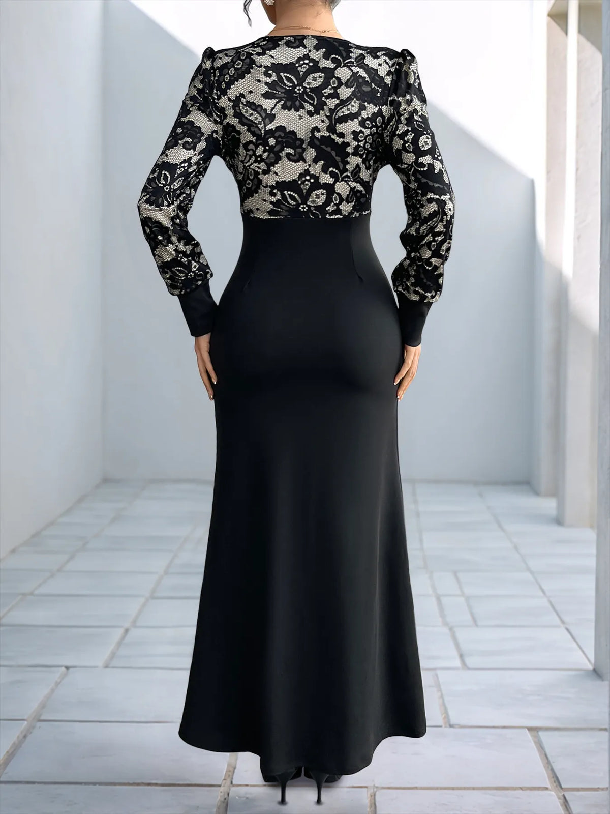 Lace V-Neck Long Sleeve Maxi Dress - Ladyez