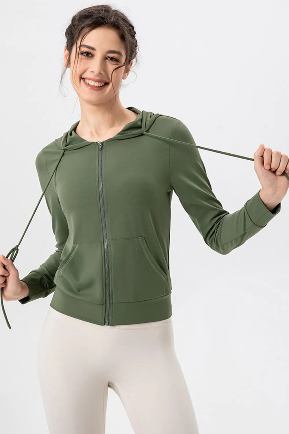 Drawstring Zip Up Hooded Active Outerwear - Ladyez