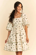 Davi & Dani Cactus Printed Poplin Contrast Piping Mini Dress