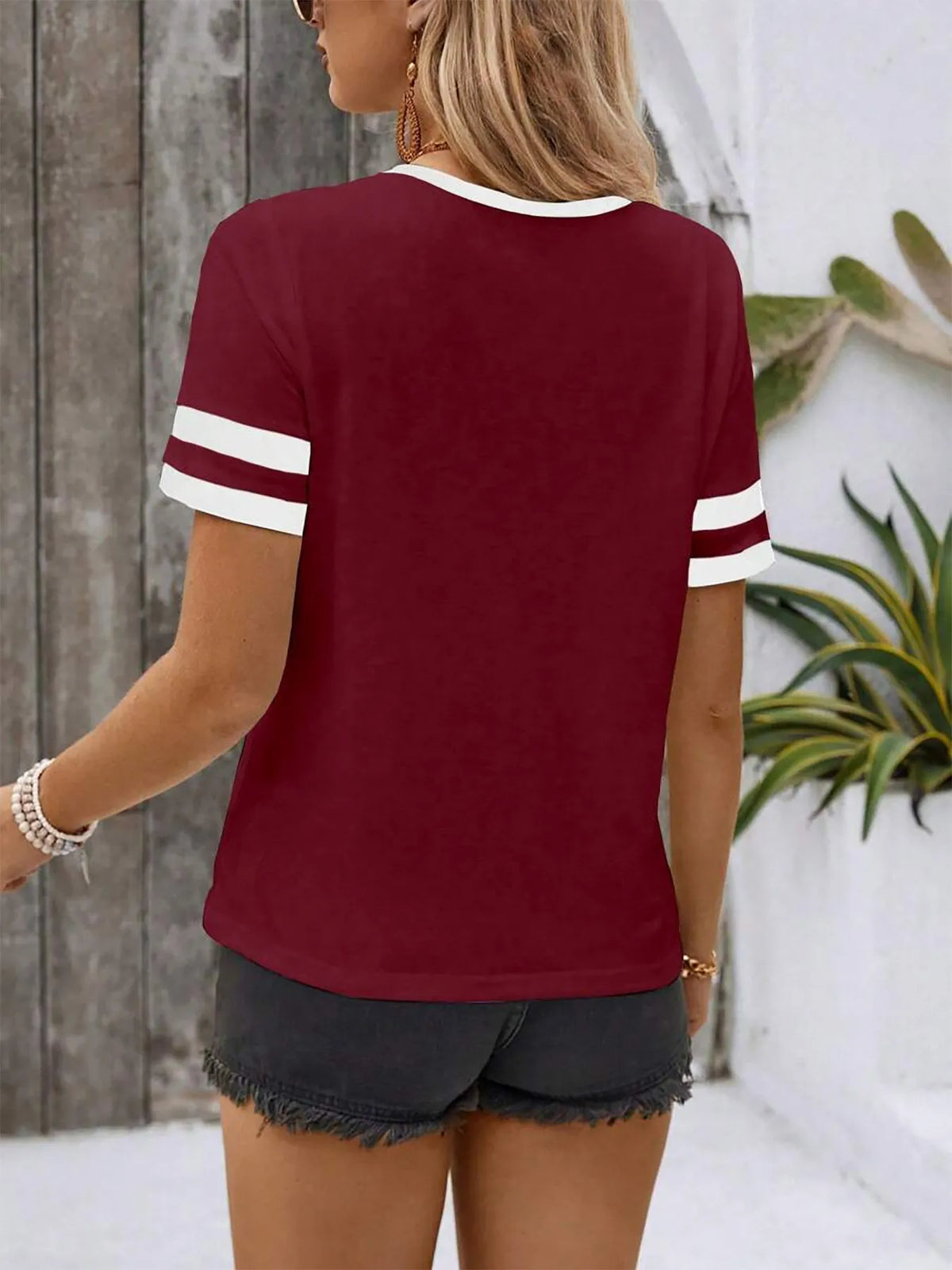 Striped Short Sleeve Half Zip Top - Ladyez