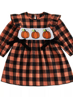Children's Halloween Plaid Pumpkin Smocked Dress
