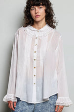 POL Woven Lace Trim Pintuck Button-Down Shirt
