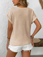 Striped V-Neck Short Sleeve T-Shirt - Ladyez