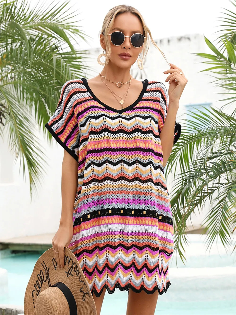 Angel Wings Rainbow Stripe Scalloped V-Neck Cover-Up Dress - Ladyez