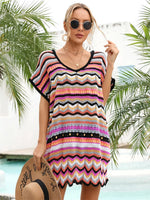 Angel Wings Rainbow Stripe Scalloped V-Neck Cover-Up Dress - Ladyez