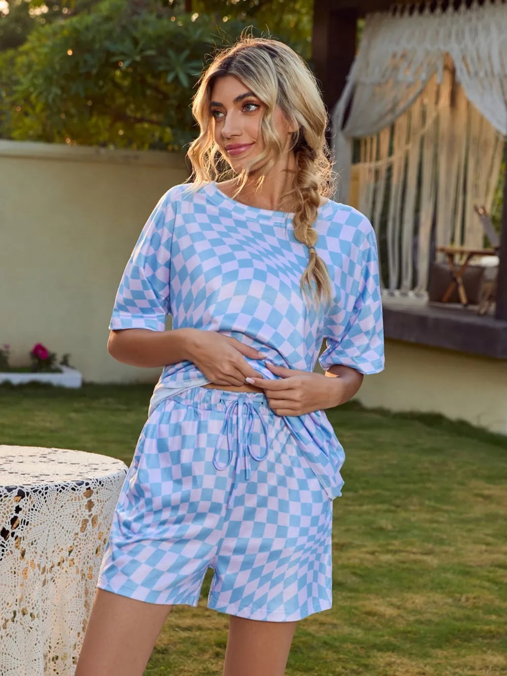 Plaid Round Neck Top and Shorts Lounge Set - Ladyez