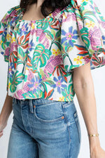 Plant Print Loose Fit Puff Sleeve Square Neck Blouse