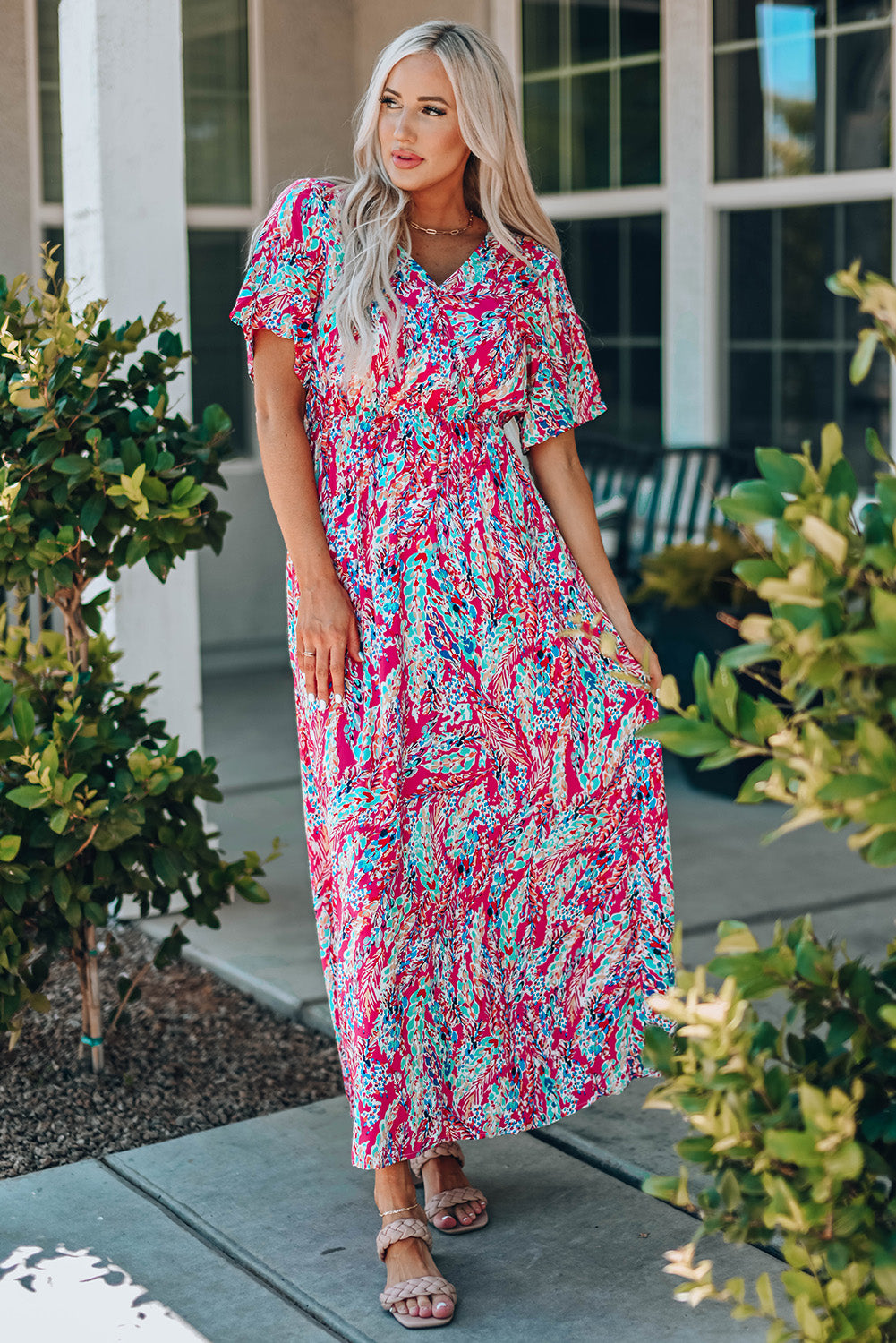 Multicolored V-Neck Maxi Dress - Ladyez