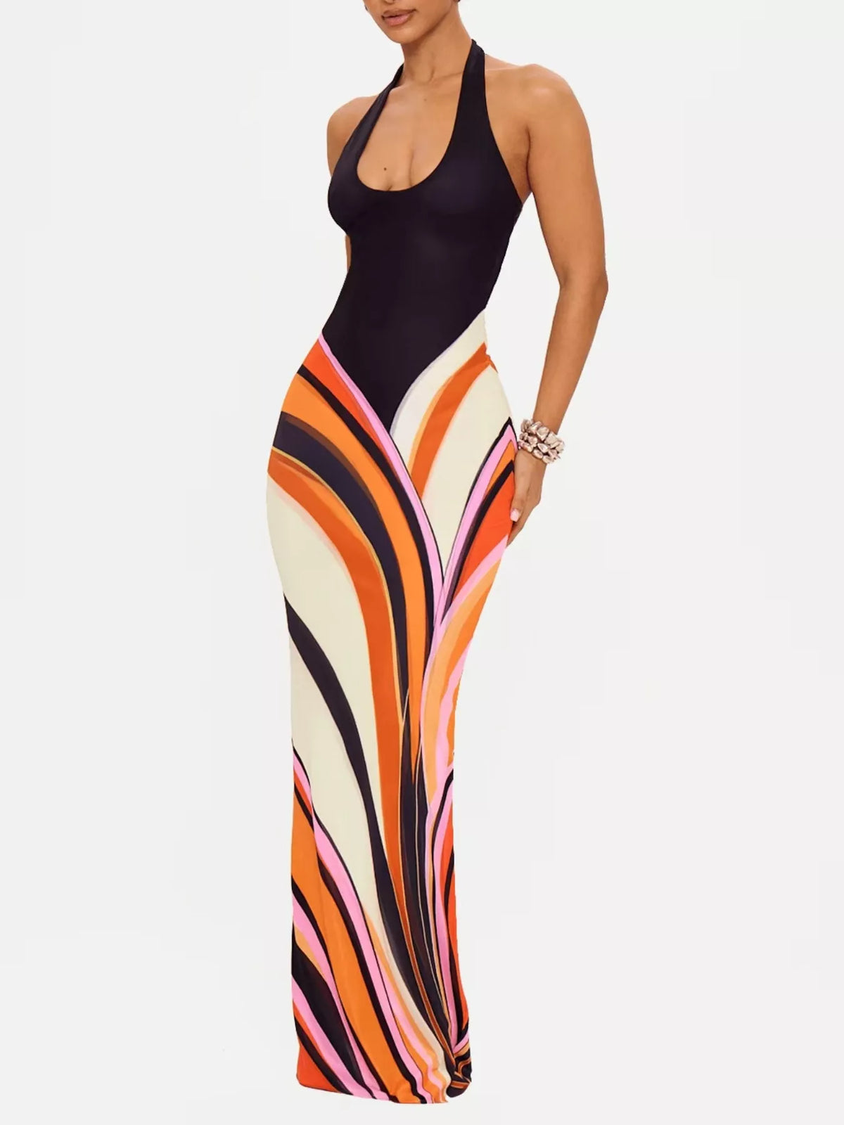 Halter Neck Maxi Dress with Abstract Print