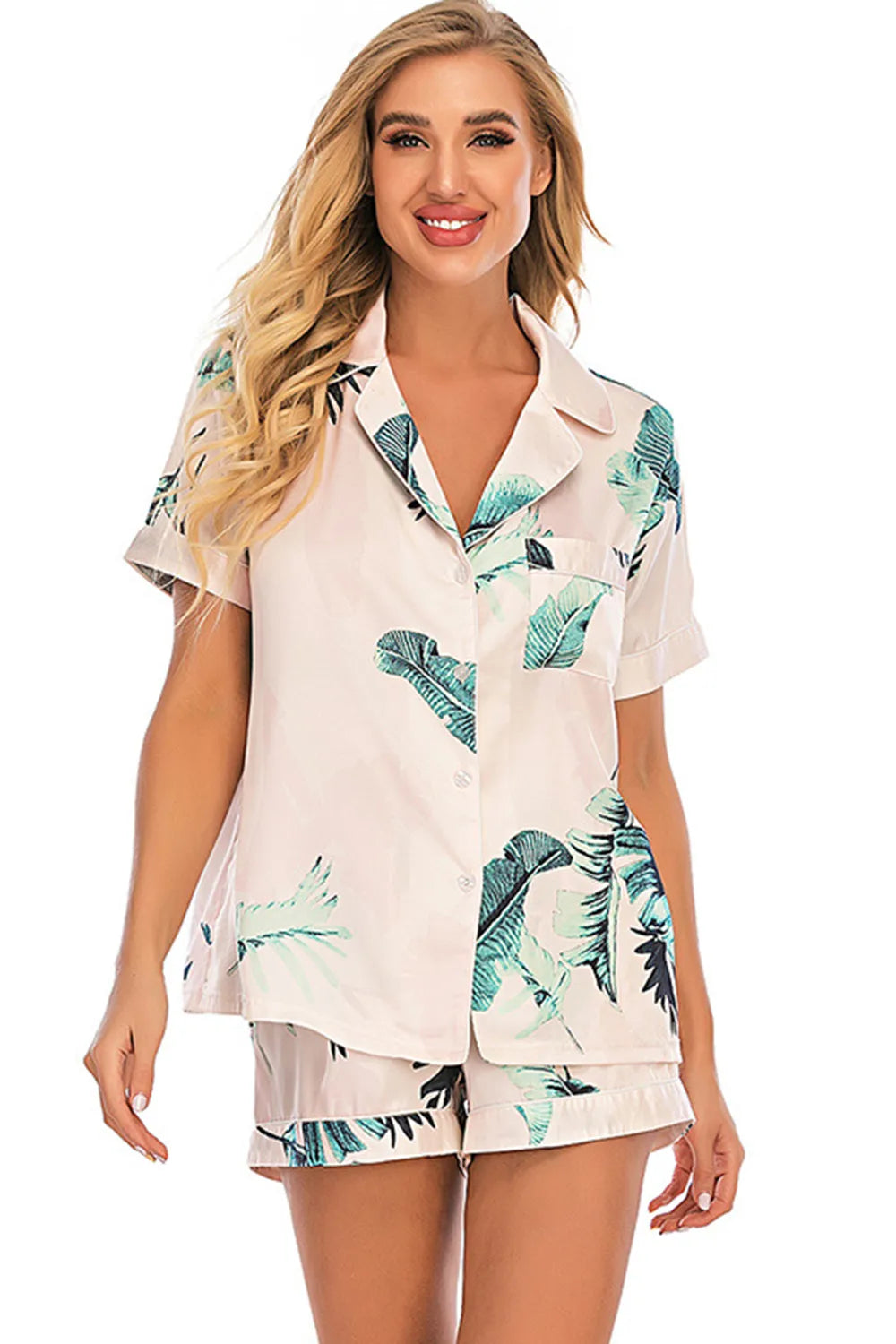 Printed Button Up Short Sleeve Top and Shorts Lounge Set - Ladyez