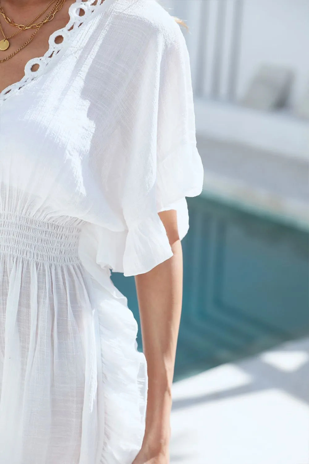 Ruffled Smocked Waist V-Neck Cover-Up - Ladyez