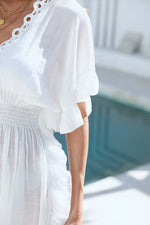 Ruffled Smocked Waist V-Neck Cover-Up - Ladyez