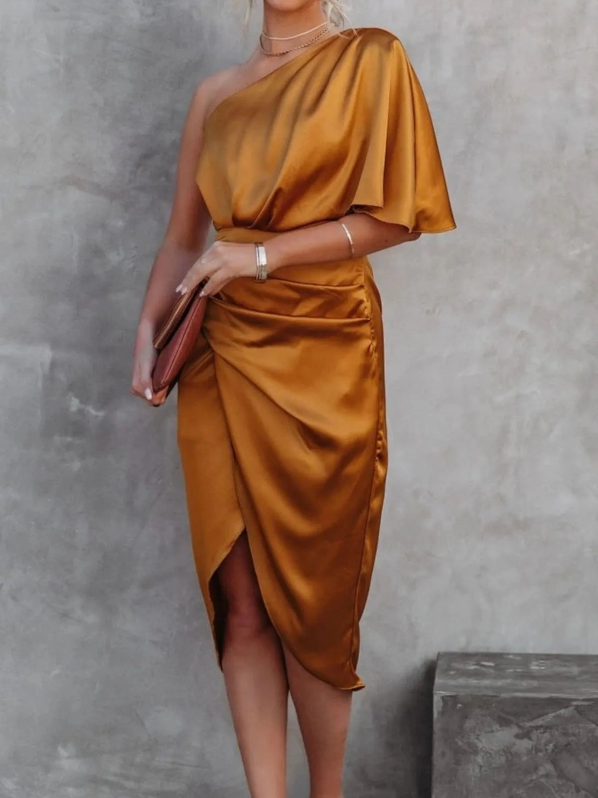 One-Shoulder Satin Wrap Dress with Side Slit - Ladyez