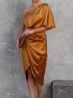 One-Shoulder Satin Wrap Dress with Side Slit - Ladyez