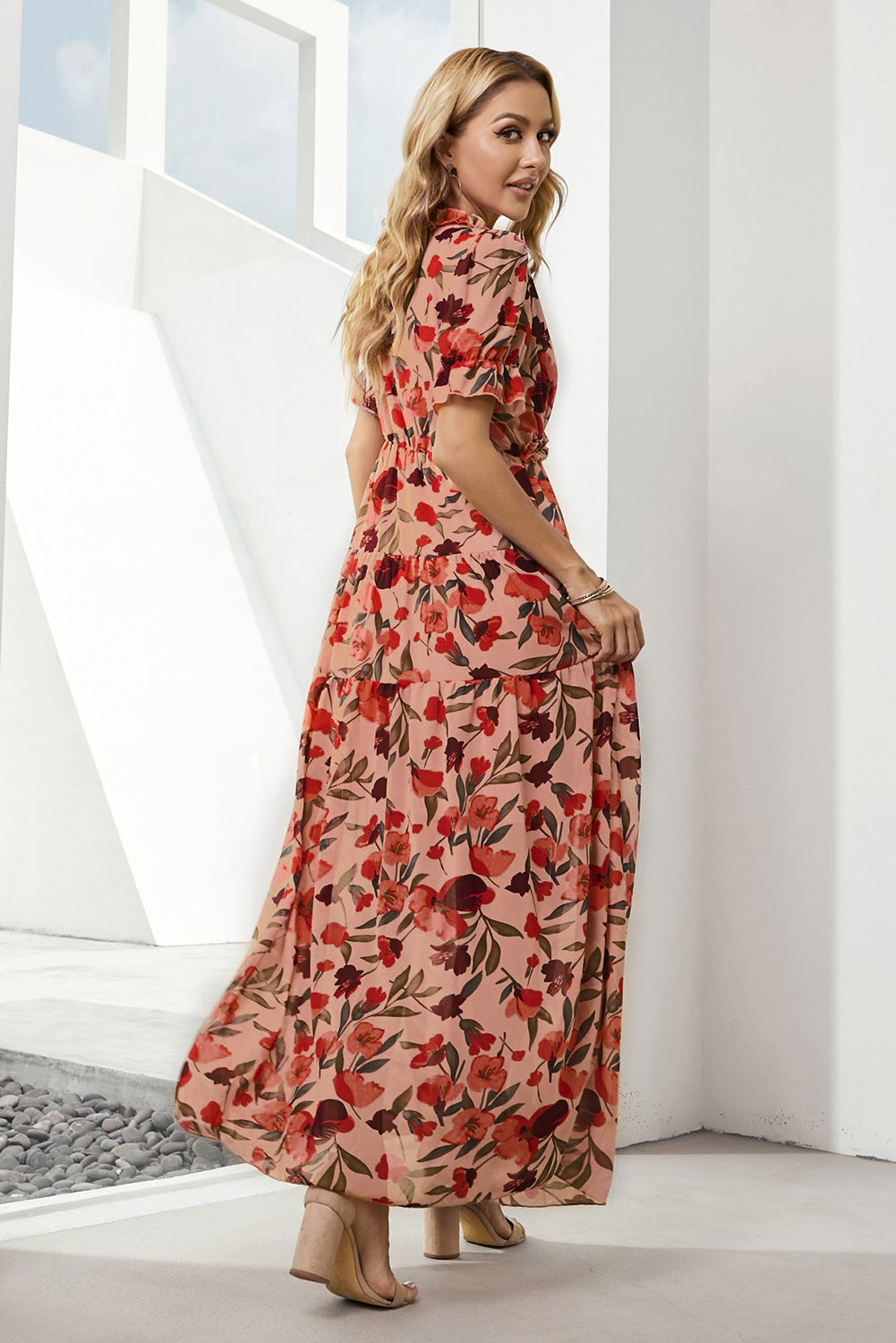 Floral V-Neck Short Flounce Sleeve Dress - Ladyez