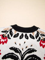 Floral Button Down Cardigan with Geometric Border