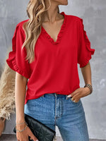 Ruffled V-Neck Short Sleeve Blouse - Ladyez