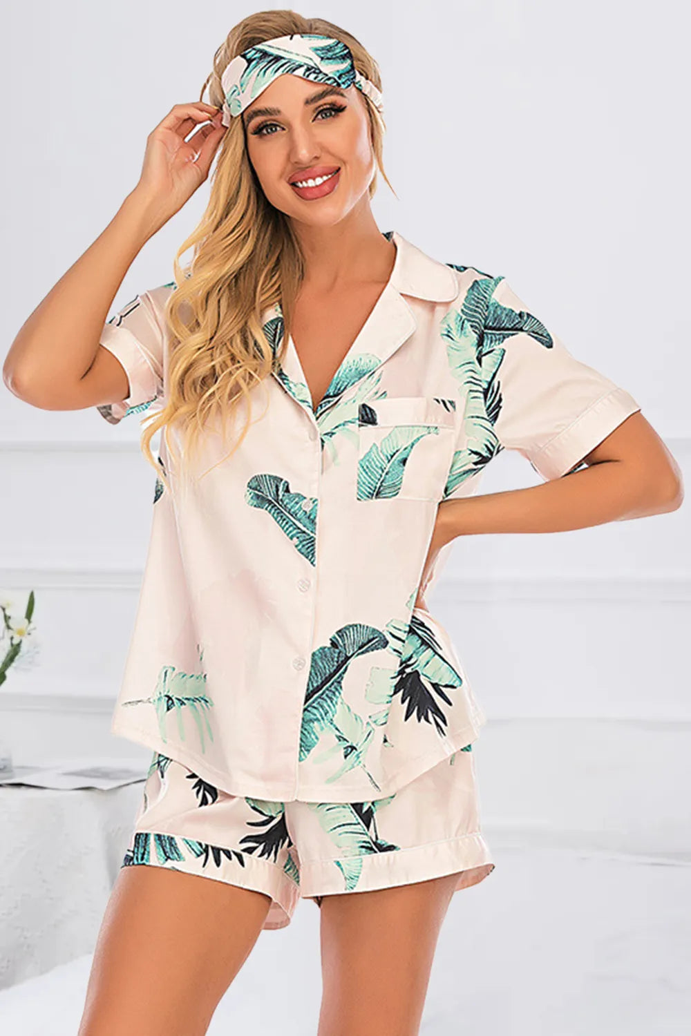 Printed Button Up Short Sleeve Top and Shorts Lounge Set - Ladyez