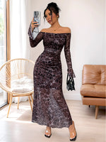 Off-Shoulder Long Sleeve Maxi Dress - Ladyez