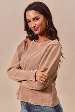 SO ME Mineral Washed Waffle Top With Puff Sleeves