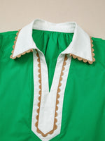 Ricrac Trim Color Block Patchwork Shirt Collar Short Sleeve Blouse
