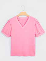 Solid Color V Neck Short Puff Sleeve Blouse