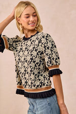 BiBi Textured Rose Knit Top Contrast Banded Puff Sleeve
