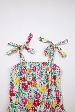 Floral Knotted Straps Cinched Waist Ruffle Hem Mini Dress