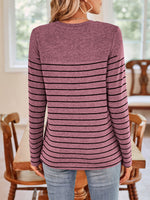 Lovelet Quarter Button Striped Round Neck Long Sleeve T-Shirt - Ladyez