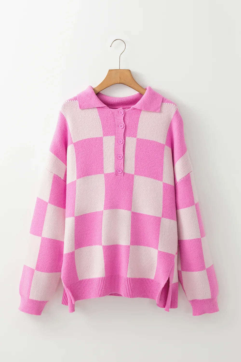 Slit Checkered Half Button Long Sleeve Sweater