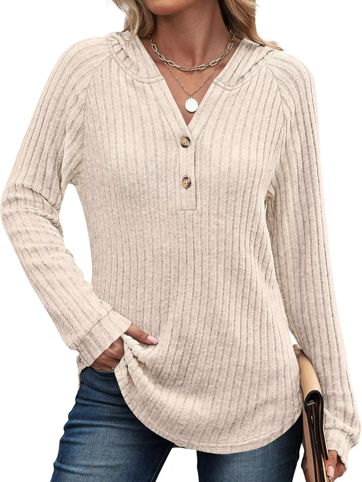 Full Size Ribbed Knit Button Detail Hooded Top Plus Size