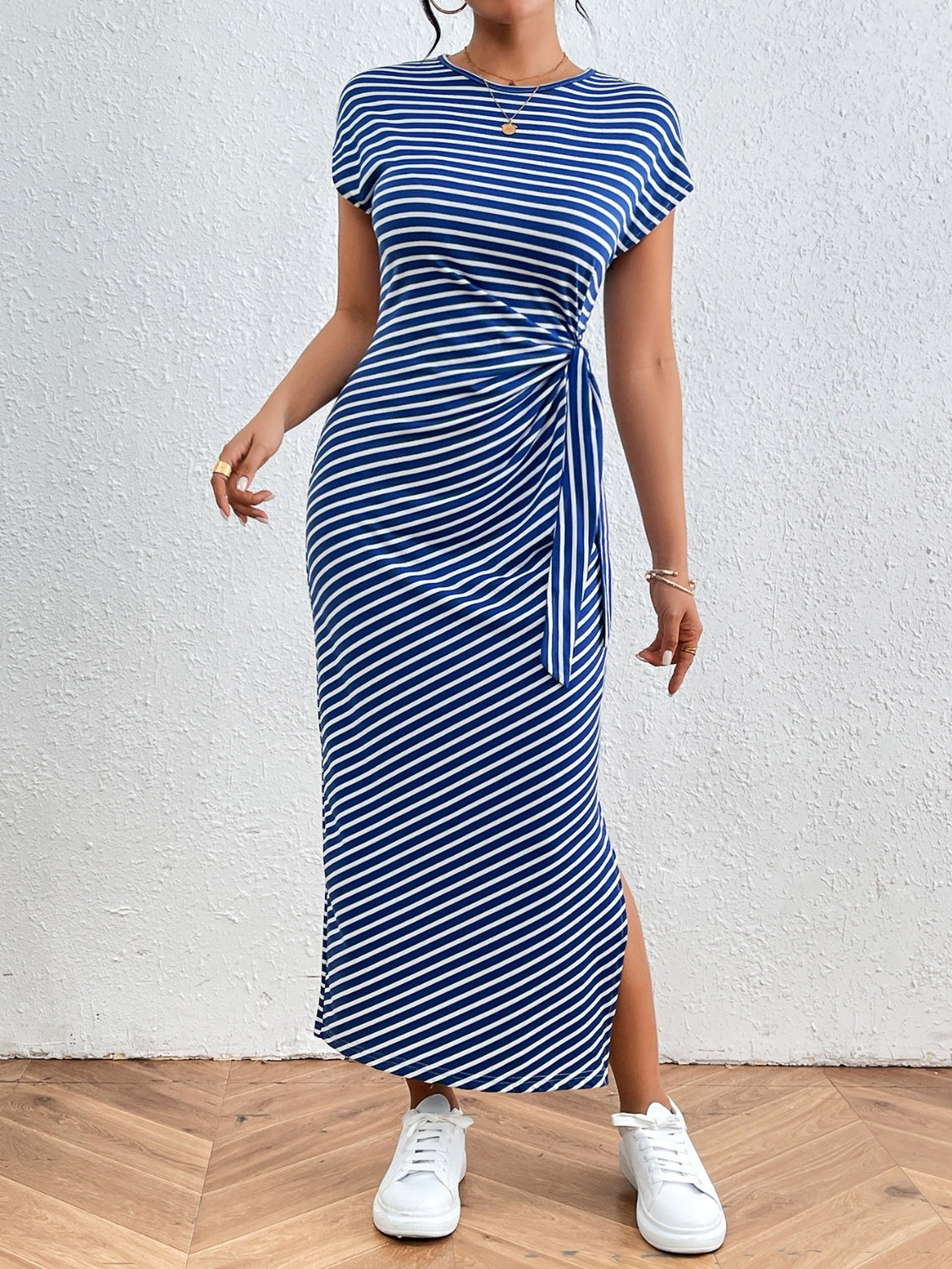 Honey Tied Striped Round Neck Short Sleeve Tee Dress - Ladyez