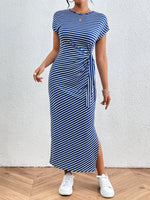 Honey Tied Striped Round Neck Short Sleeve Tee Dress - Ladyez