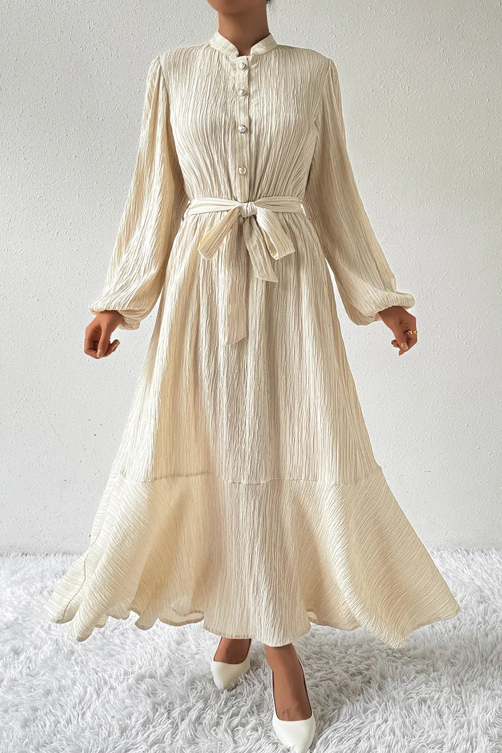 Honey Tied Button Up Balloon Sleeve Dress - Ladyez