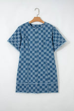 Frayed Hem Checkered Denim Mini Dress